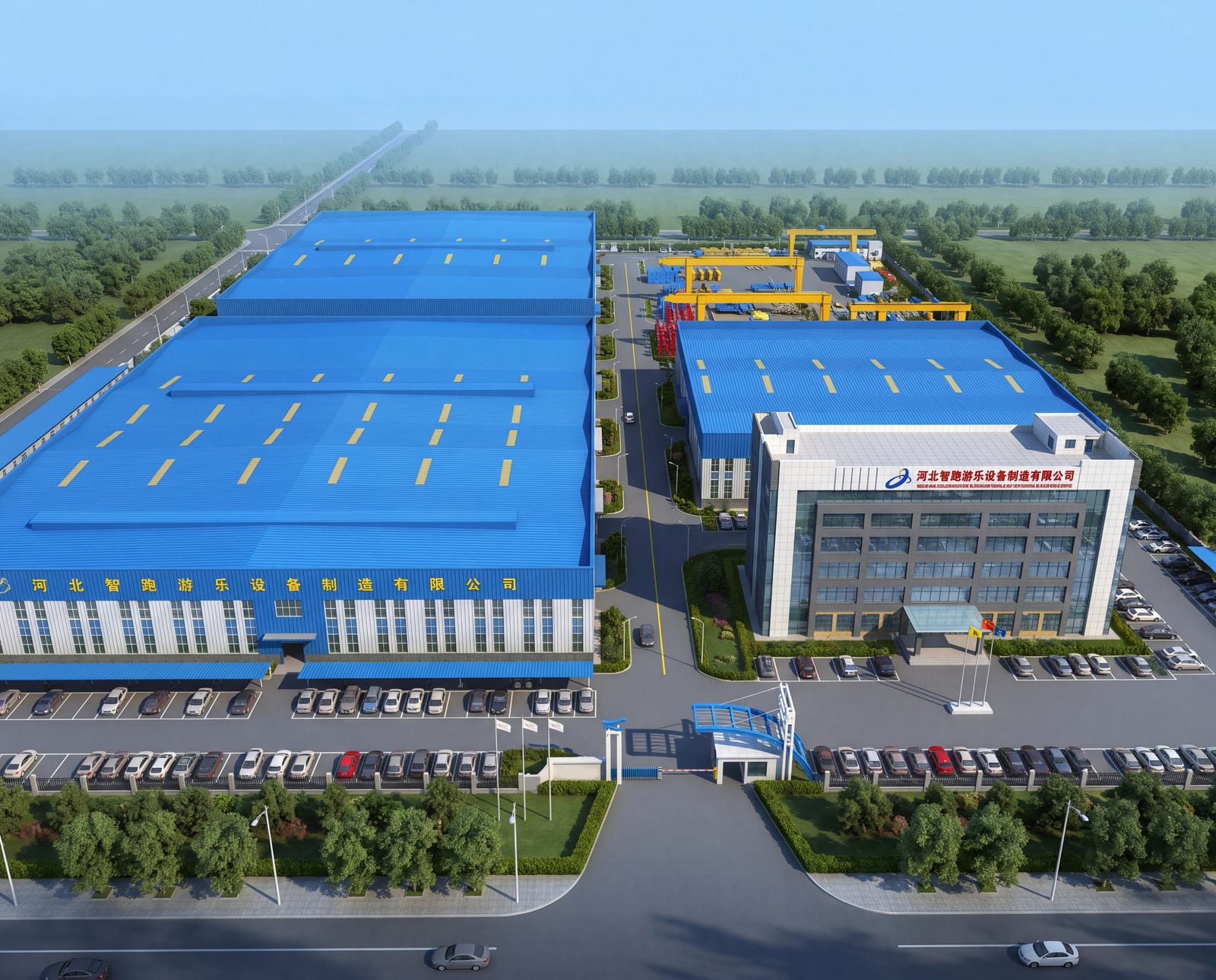 ZhipaoRides 4.0 smart production base aerial view — 150-acre amusement ride manufacturing headquarters in Hebei, China