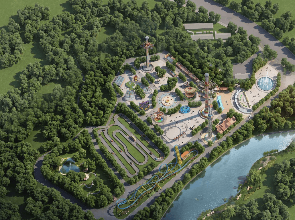 3D Masterplan Rendering — Dubai, UAE theme park masterplan by ZhipaoRides. large-scale amusement park 3D visualization featuring roller coasters, Ferris wheels and themed zones