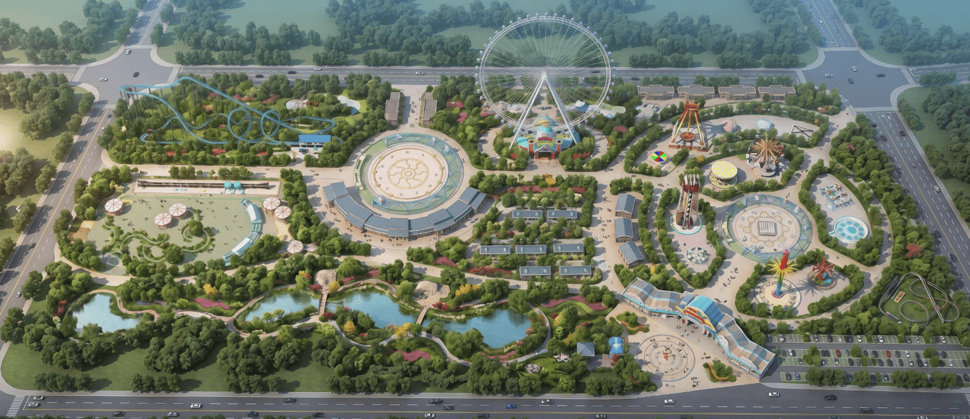 3D Park Visualization — Almaty, Kazakhstan theme park masterplan by ZhipaoRides. detailed 3D render of theme park with integrated water rides, thrill coasters and landscaped promenades