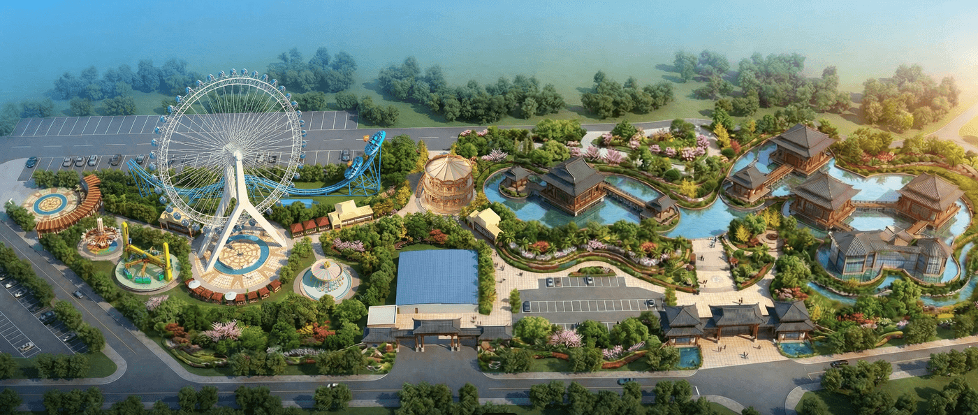 3D Attraction Rendering — Jakarta, Indonesia theme park masterplan by ZhipaoRides. 3D architectural rendering of amusement park entrance plaza with signature Ferris wheel and coaster