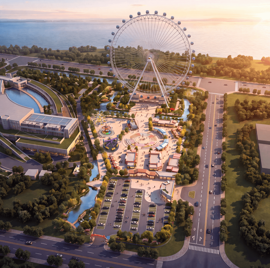 3D Theme Park Render — Ho Chi Minh City, Vietnam theme park masterplan by ZhipaoRides. complete 3D theme park rendering with themed lands, roller coaster tracks and observation wheel