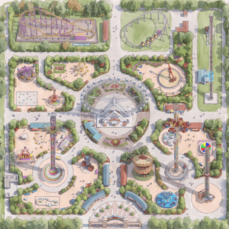 Hand-Drawn Concept Plan — Johannesburg, South Africa theme park masterplan by ZhipaoRides. artistic hand-drawn masterplan layout for family entertainment center with ride placement and guest flow
