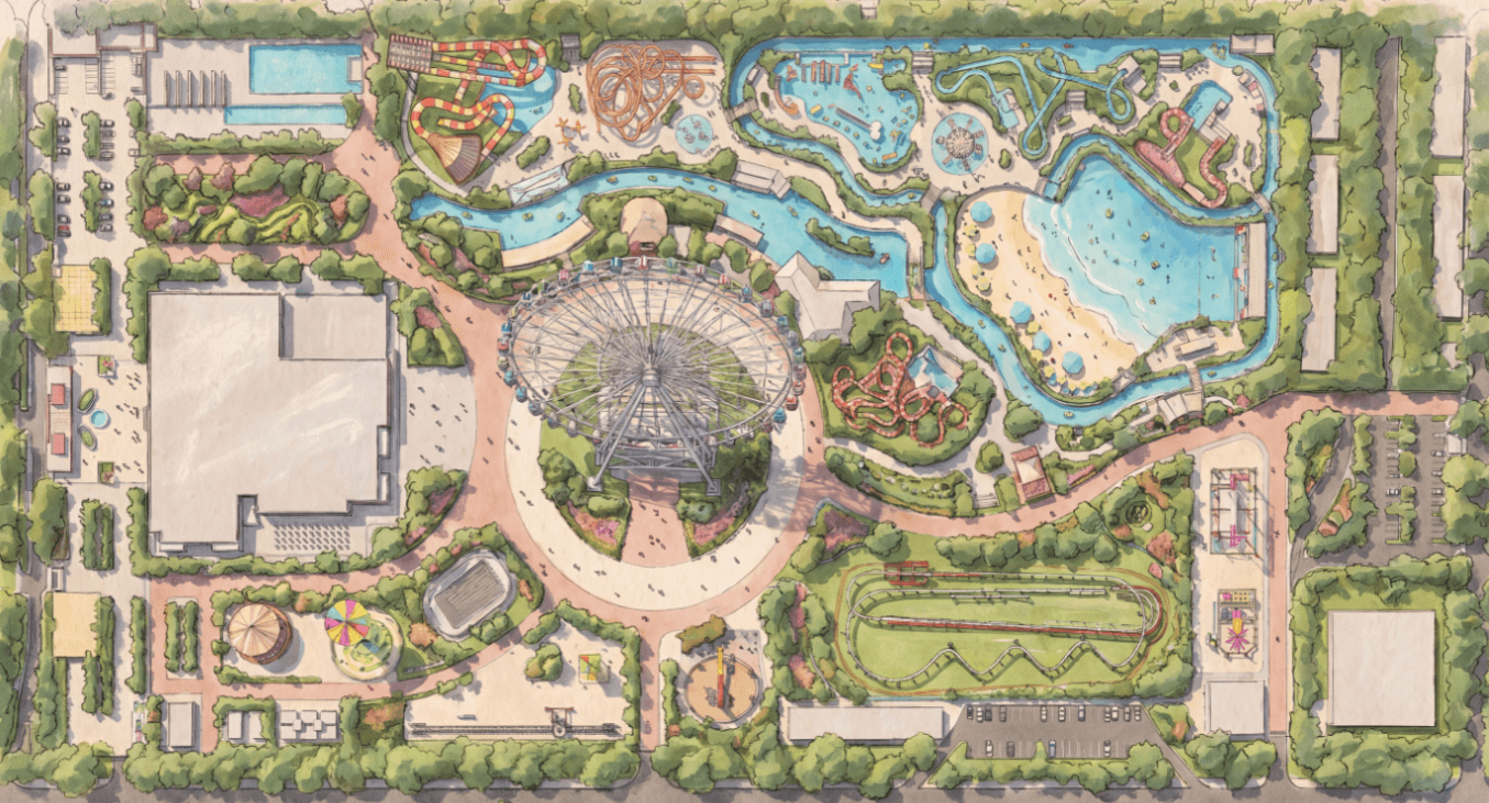 Hand-Drawn Site Layout — Riyadh, Saudi Arabia theme park masterplan by ZhipaoRides. hand-drawn site plan showing ride zones, pedestrian paths and service areas for regional theme park