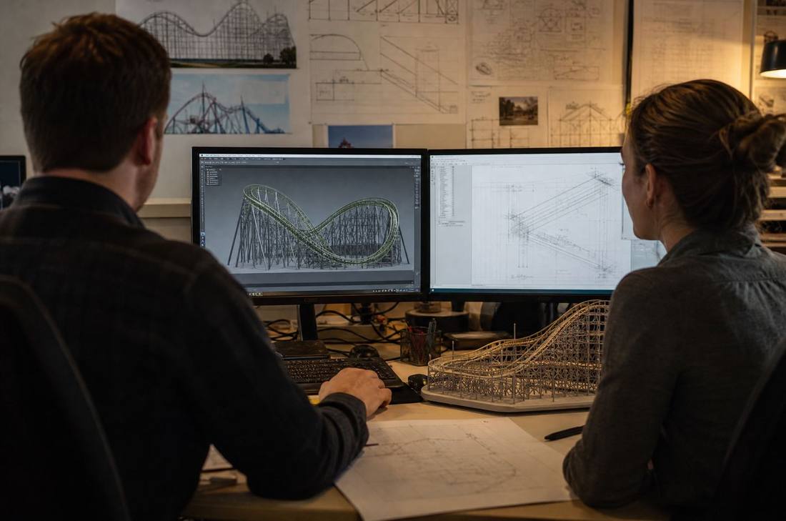 Designers working on a 3D ride model