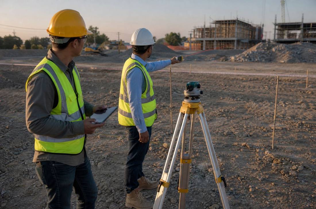 Engineers surveying an empty plot for a new ride