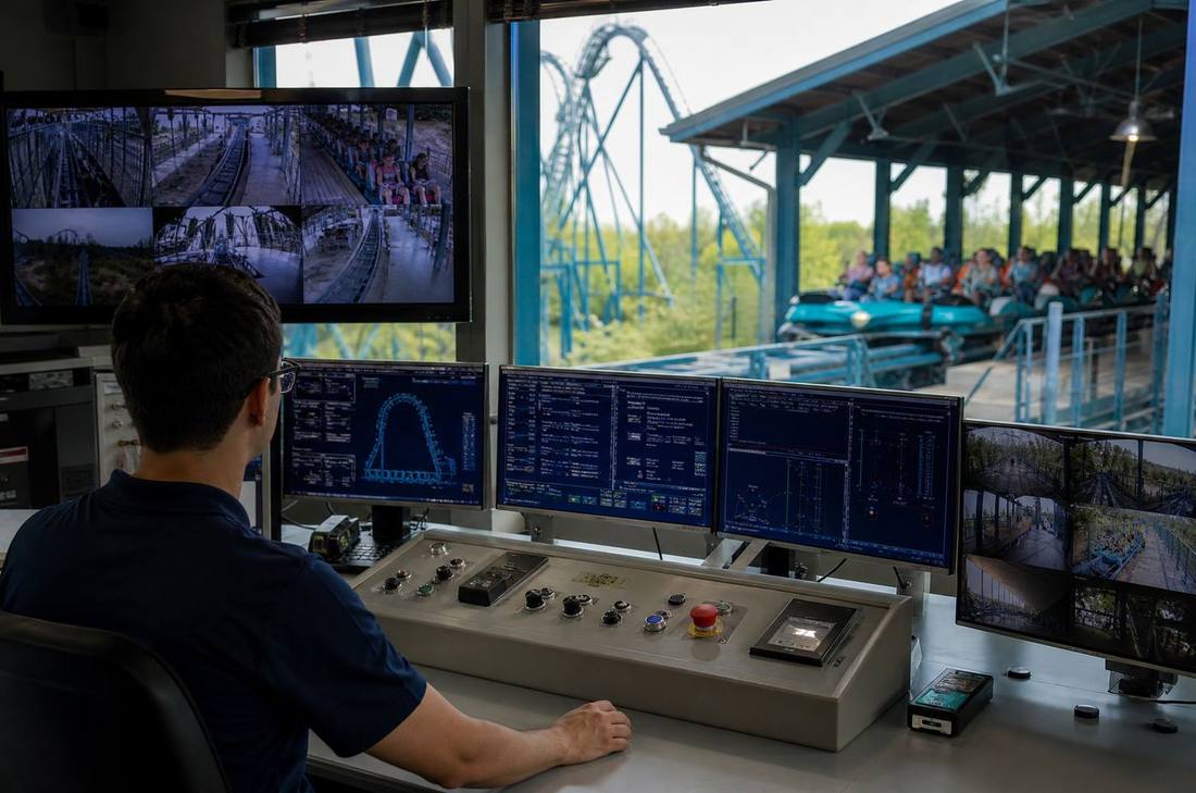 Ride control room with operator and monitoring screens