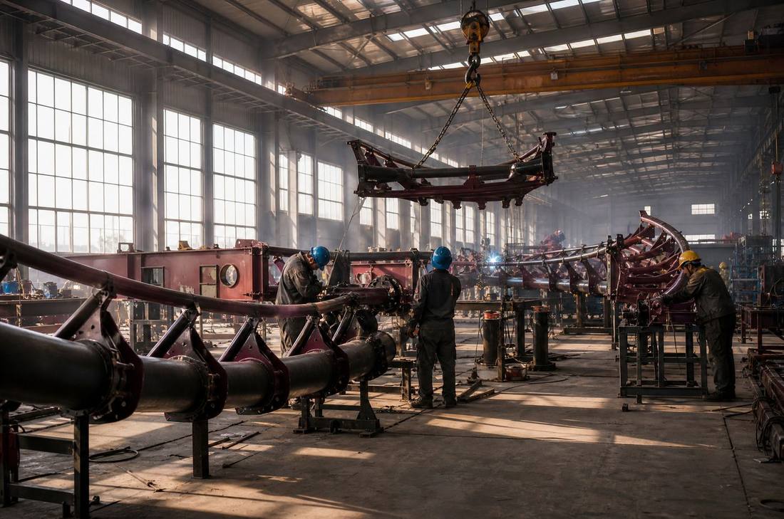 Track sections bolted together in the assembly hall