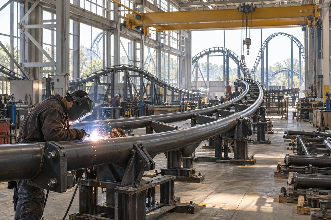 Roller coaster track sections on fabrication jigs in a ride manufacturing workshop