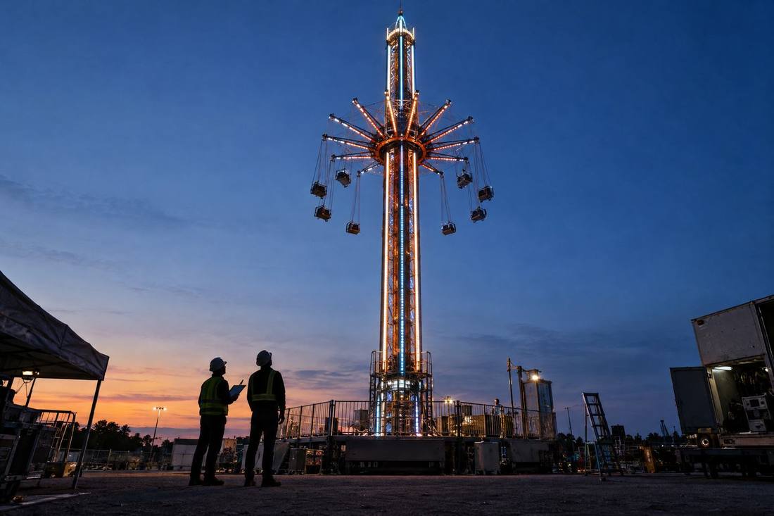 Technicians commissioning a ride at dusk