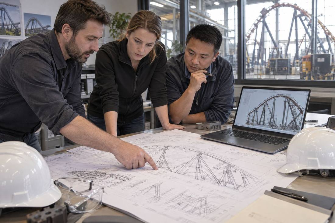 Engineers reviewing structural drawings and a CAD model
